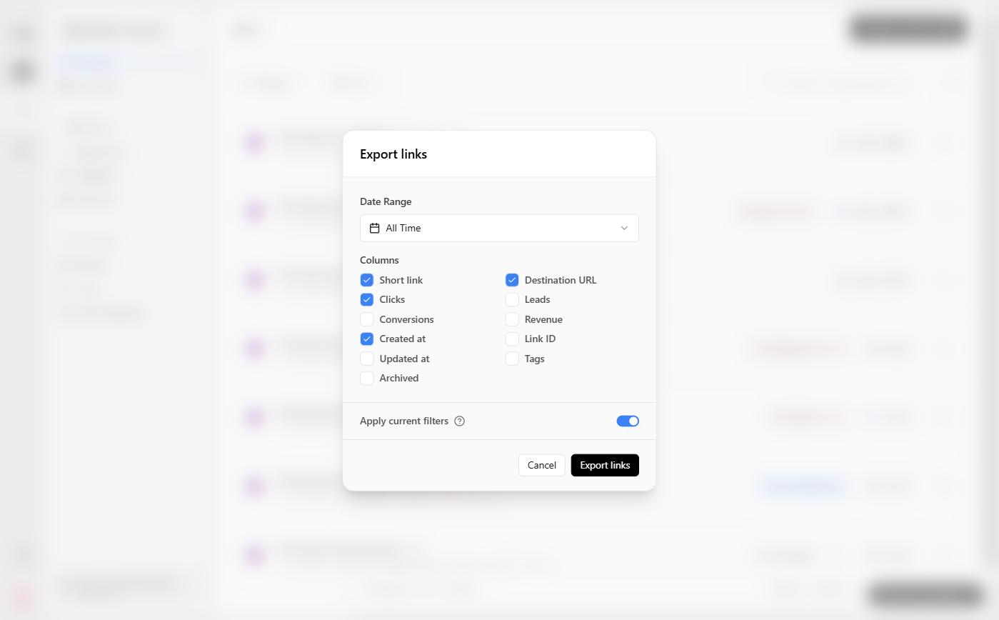 The Export links modal with the date range, columns, and the Apply current filters toggle