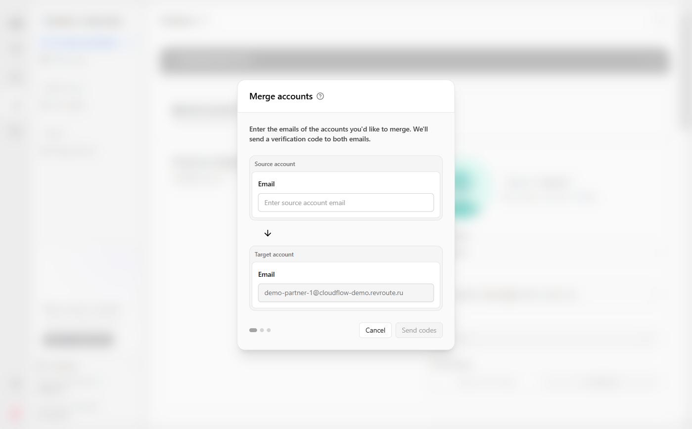 Окно «Merge accounts»: поля Source account и Target account, кнопка Send codes