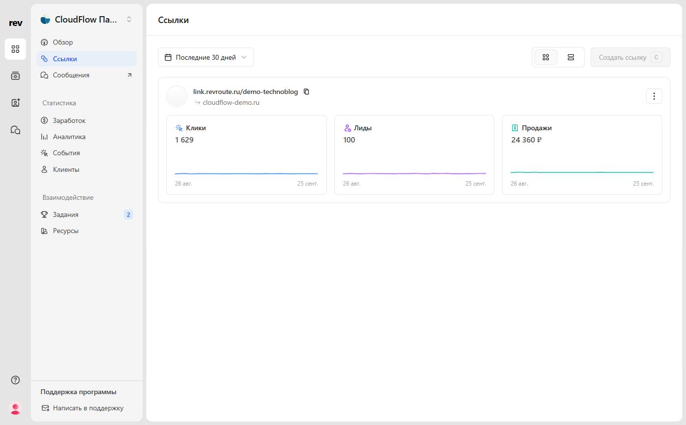 Links page: the referral link with clicks, leads and sales charts