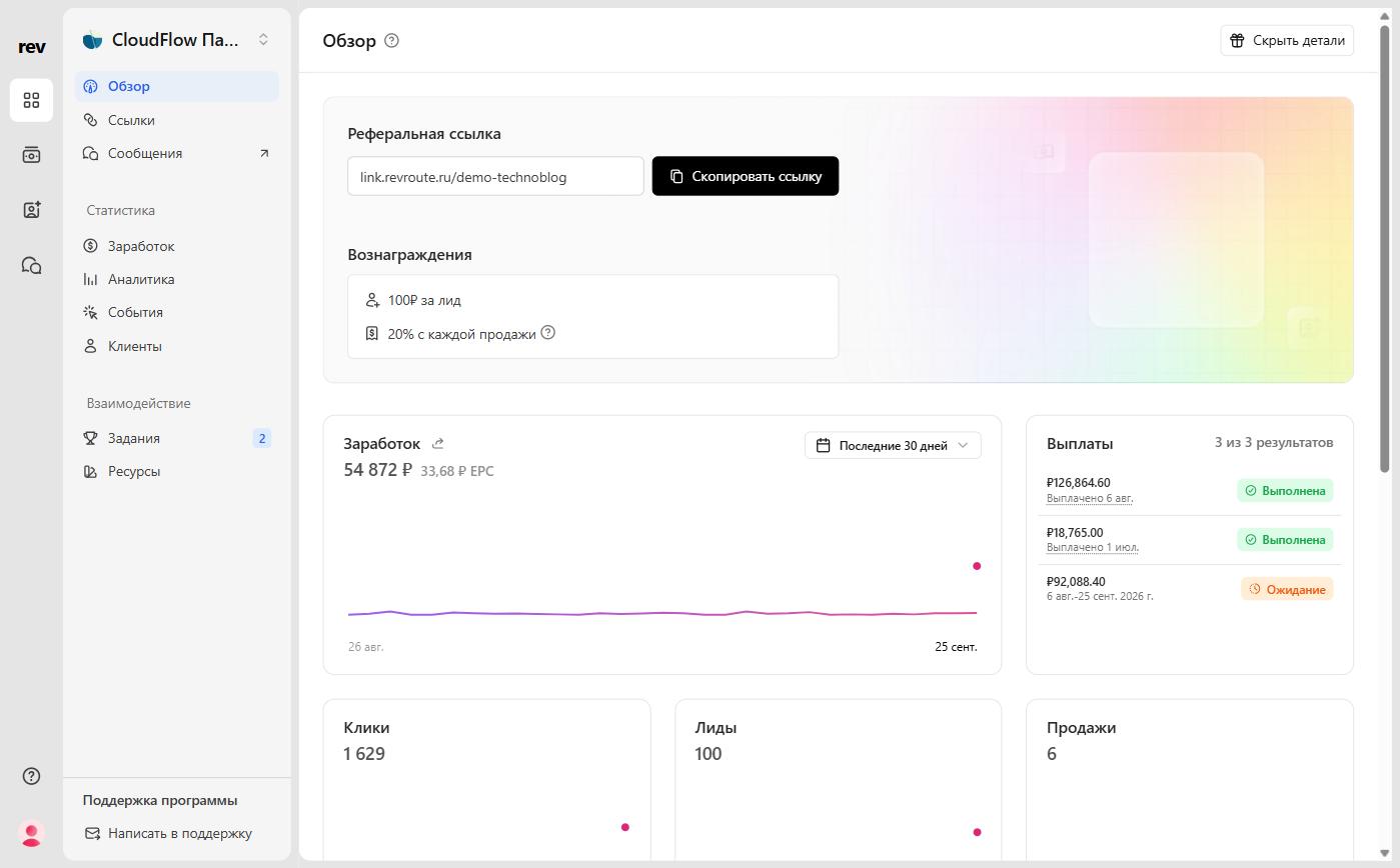 Program overview: referral link, rewards, earnings, payouts, clicks, leads and sales