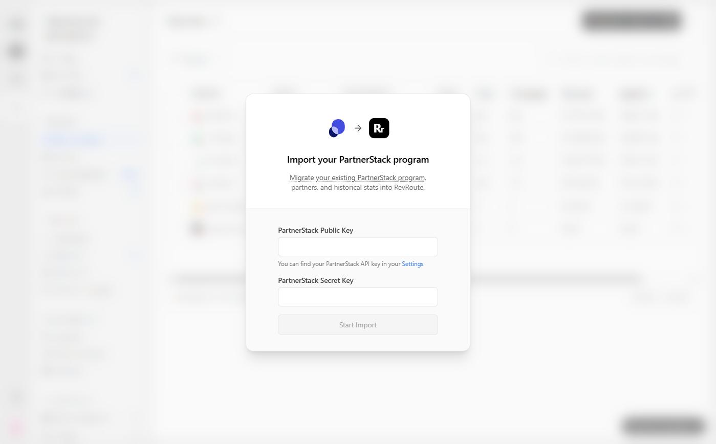 Окно импорта PartnerStack: поля PartnerStack Public Key и PartnerStack Secret Key
