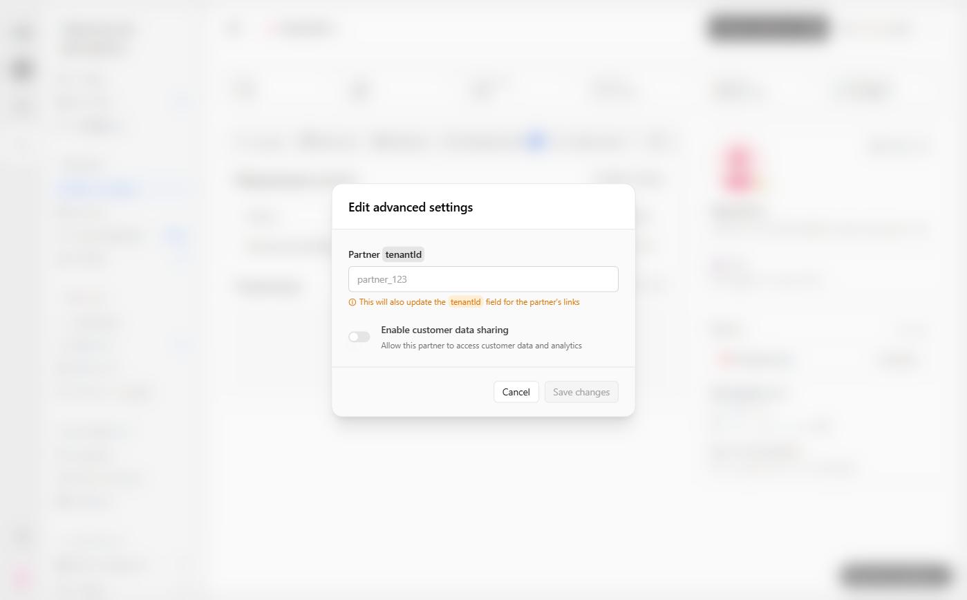 Окно «Edit advanced settings»: поле Partner tenantId и переключатель Enable customer data sharing